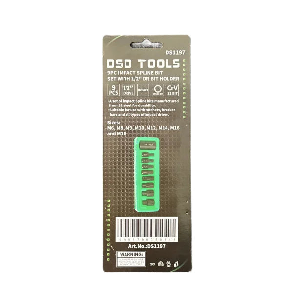 9pc Impact Spline Bit Set With 1/2″ Dr Bit Holder DS1197