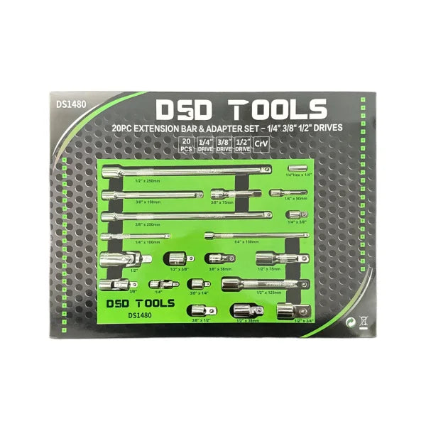 20pc Extension Bar & Adapter Set – 1/4″ 3/8″ 1/2″ Drives DS1480