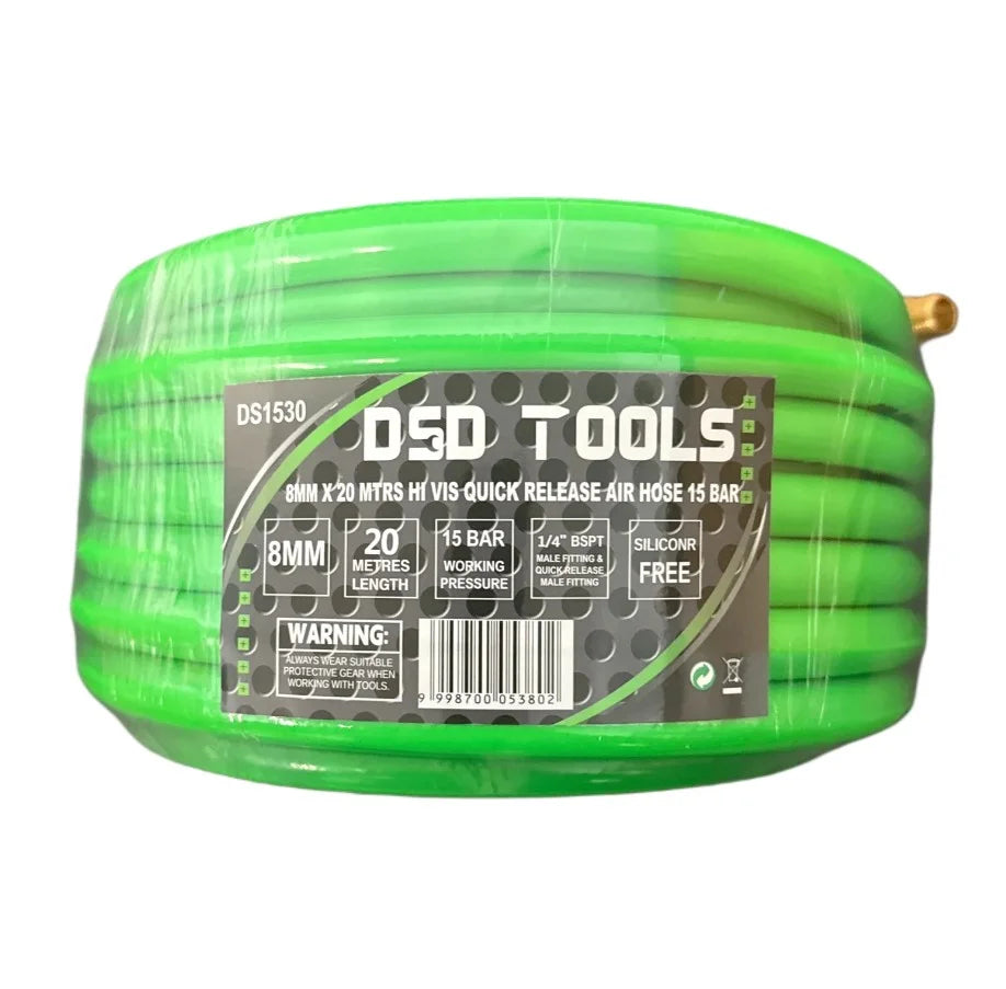 8mm X 20 Mtrs Hi Vis Quick Release Air Hose 15 Bar DS1530