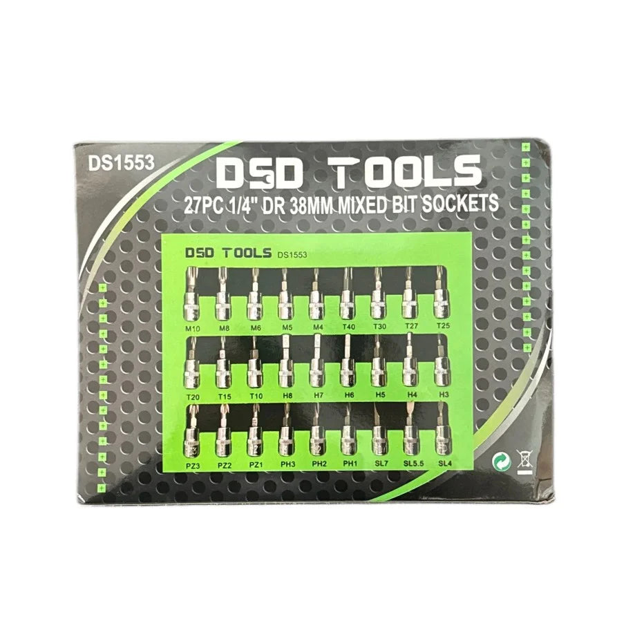 27PC Mixed Bit Sockets 1/4″ Dr 38mm DS1553