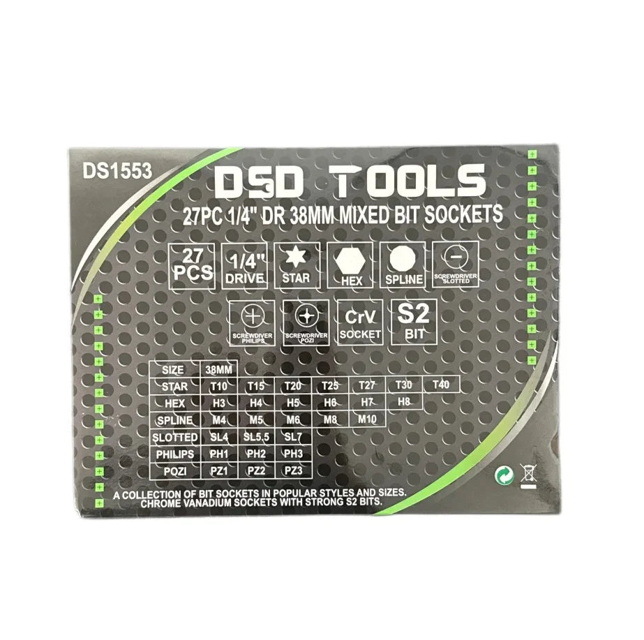 27PC Mixed Bit Sockets 1/4″ Dr 38mm DS1553