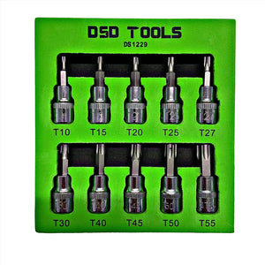 10Pc 3/8 Dr 48mm Long Tamper Proof Torx Bit Socket Set T10-T55 DS1229
