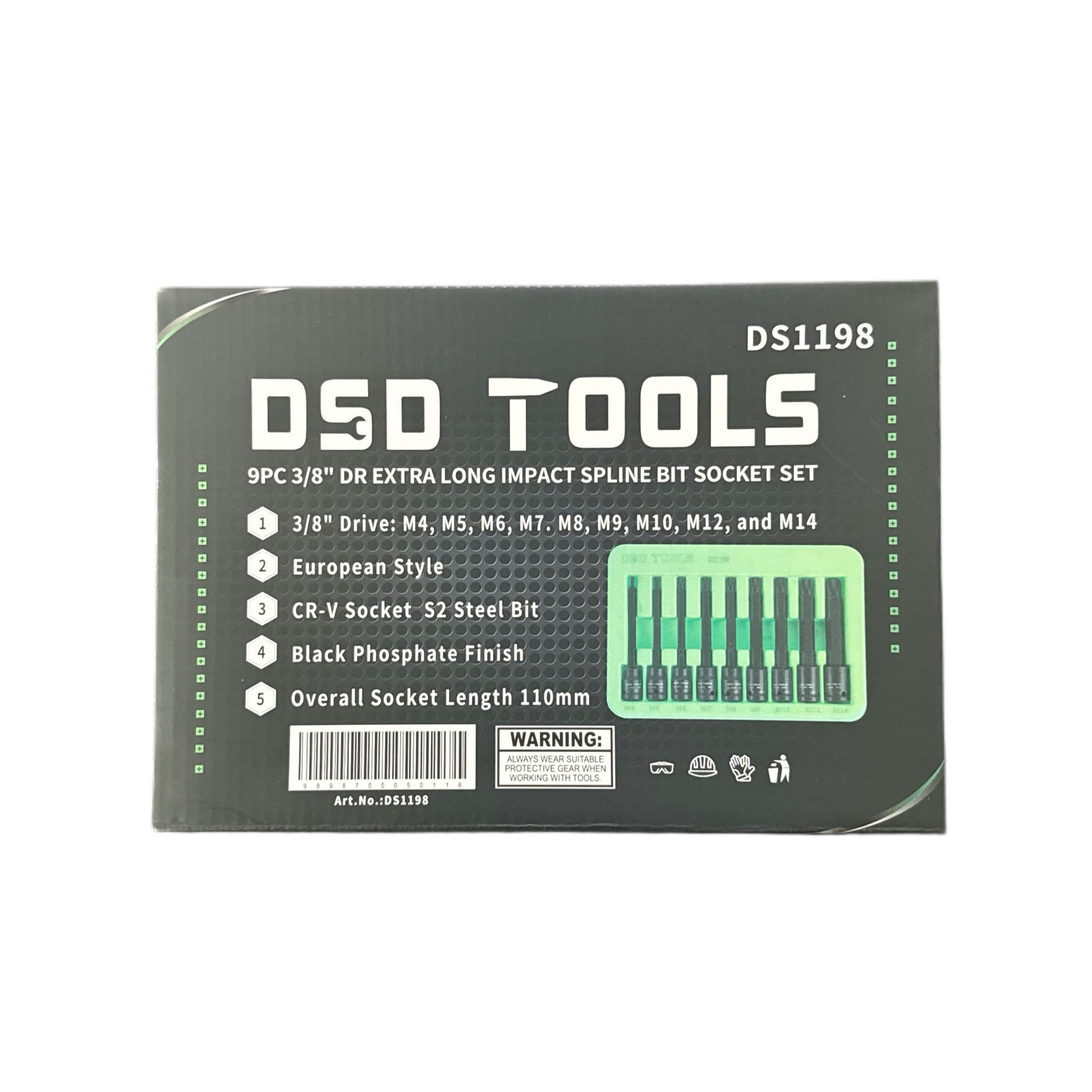 Set de 9 bucăți 3/8" Dr Extra Long Impact Spline Bit