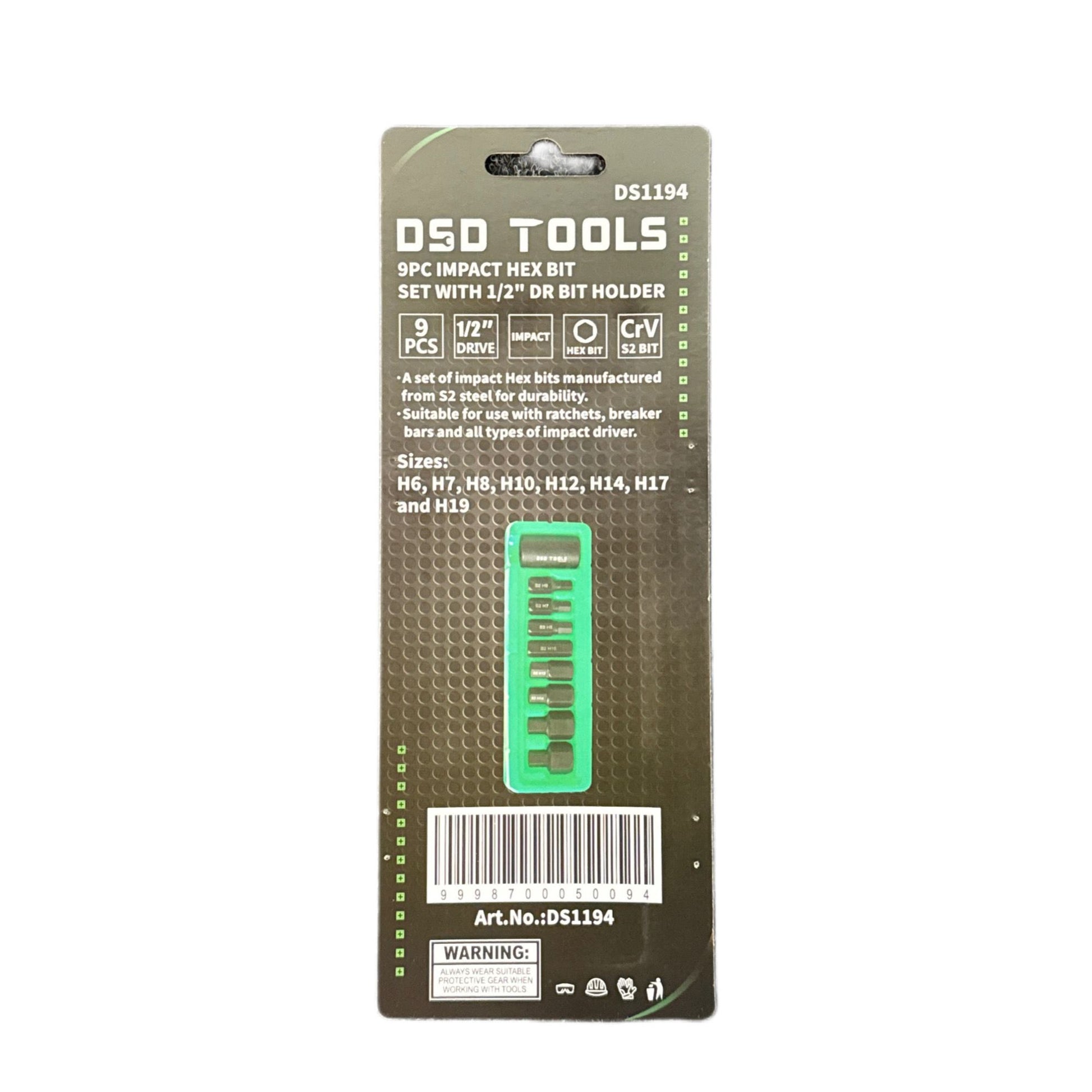 9pc Impact Hex Bit Set With 1/2″ Dr Bit Holder DS1194