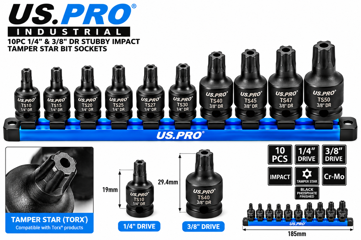 10Pc 1/4" 3/8" Dr Stubby Impact Tamper Star Bit S - US PRO 3966