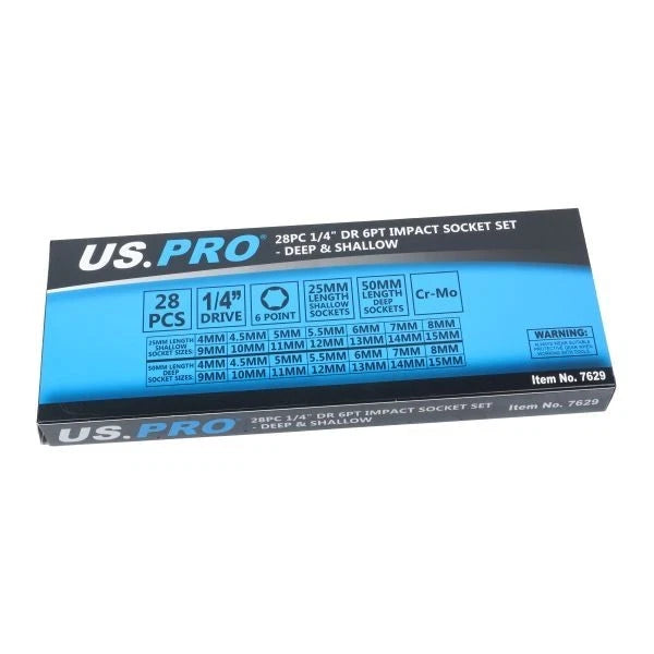 US PRO 1/4DR 28 piece Impact Socket Set Shallow & Deep 4-15mm 7629