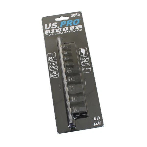 9pc 1/4" 3/8" DR Stubby Impact Hex Allen Key Bit Sockets Set 3863