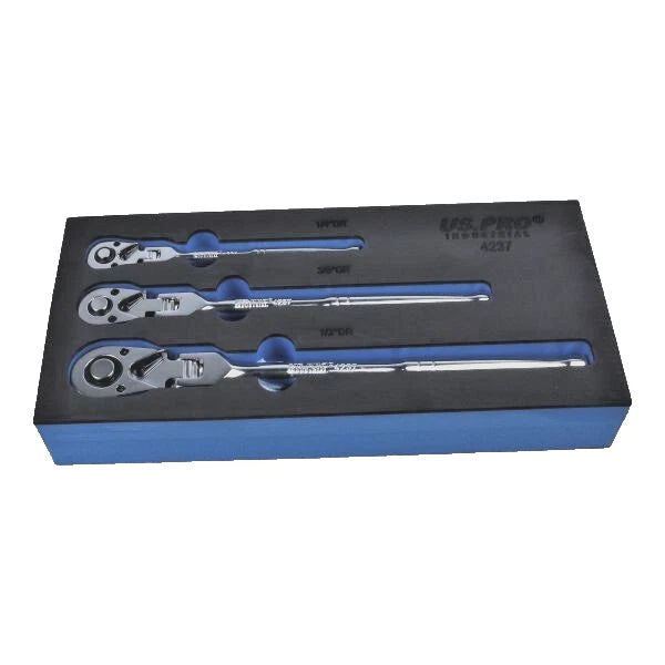 US PRO Industrial Flexi Head Ratchet Set 1/4 3/8 1/2 Drive In Foam 3pc 4237
