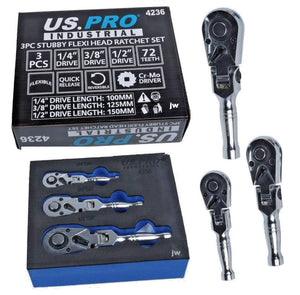 US Pro Tools Set de 3 bucăți cu clichet cu priză stubby, antrenare 1/4" 3/8" 1/2" 