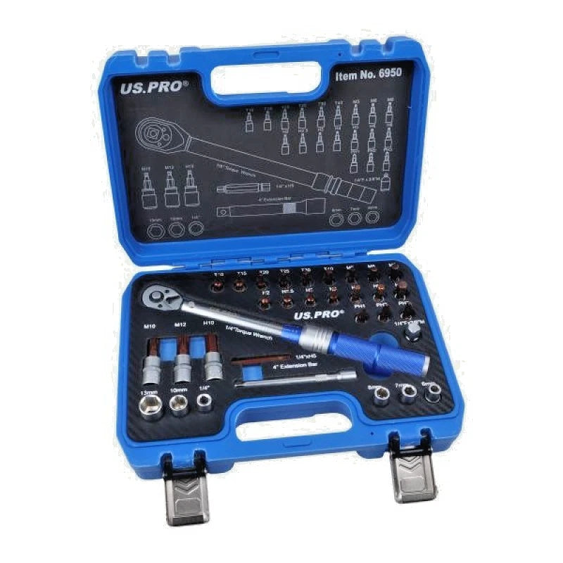 32pc 1/4" Drive Torque Wrench 2/24Nm And Socket Bit Set Torx Spline Hex 6950