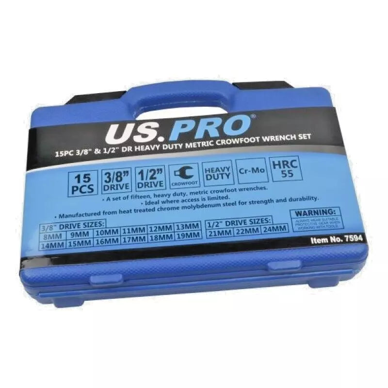 15pc Crow Foot Spanner Set 8mm-24mm Heavy Duty Open End Wrench 7594