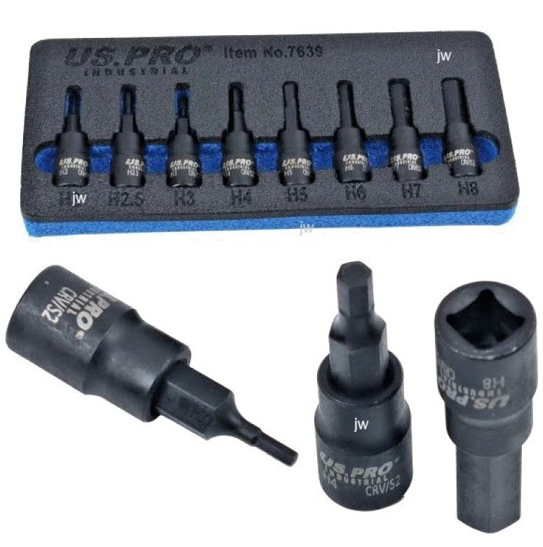US PRO 8pc Impact Hex Bit Socket Set 2mm to 8mm 1/4" Drive In EVA Foam 7639