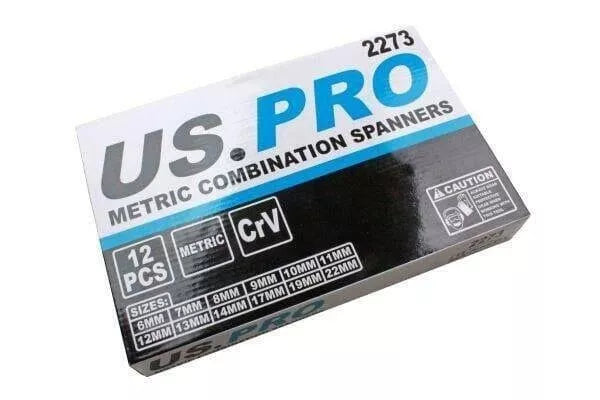 US PRO Tools 12 Piece Metric Combination Spanners Set In A Foam Tray 6-22mm – 2273